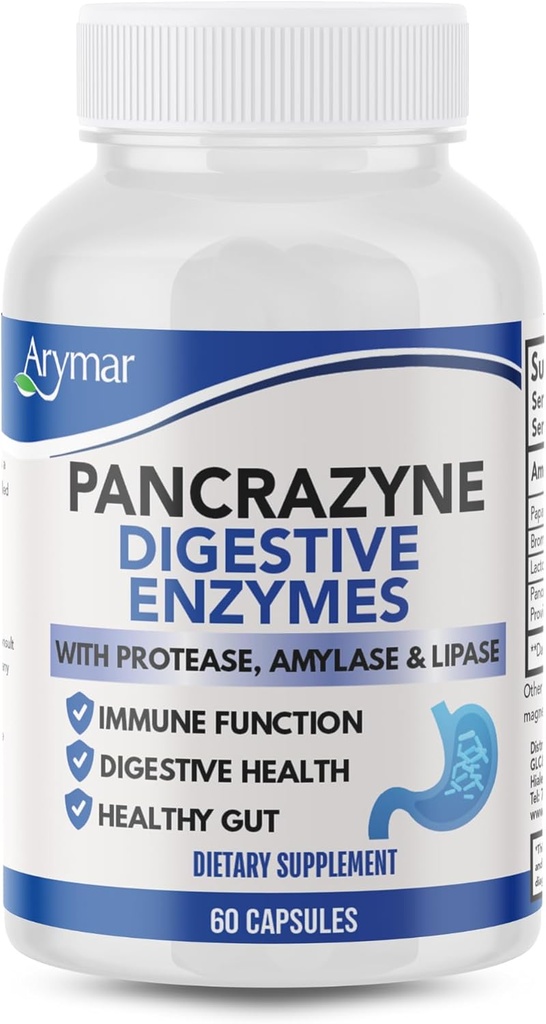 Arymar Pancrazyne Probiotika, fordøjelsesenzymer med Amylase, Protease, Lipase & Lactobacillus, Gut Health & fordøjelsestilskud, 60 kapsler