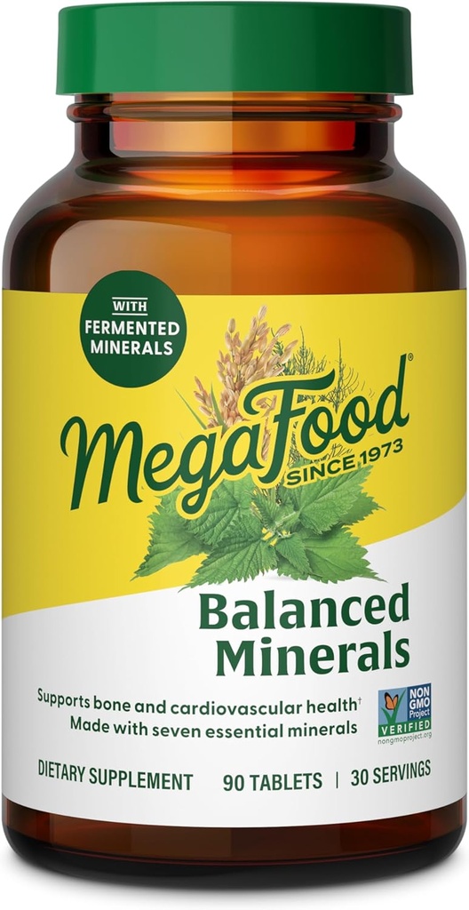 MegaFood Balanced Minerals - Calcium, Fermenteret Magnesium Glycinat, Zink, Selen, GTF Chrom, Molybdæn, Nettle Leaf, Horsetail Leaf - Made without 9 Food Allergens - 90 tabletter (30 Servere)