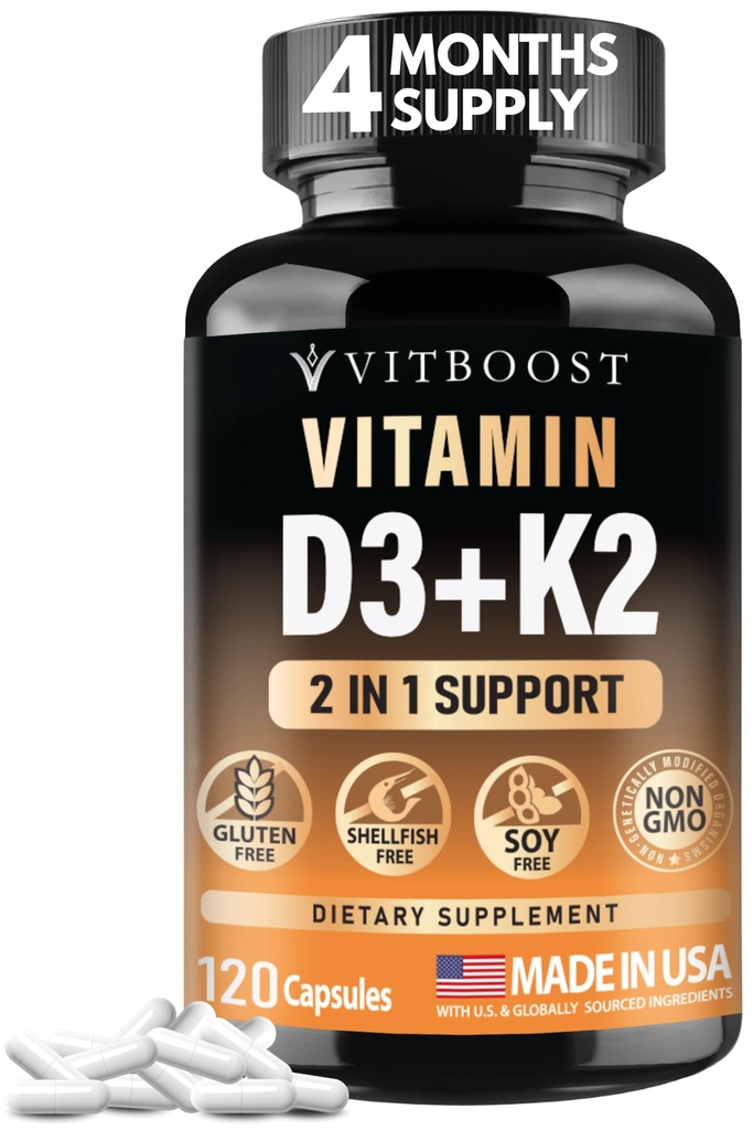 VITBOOST Vitamin D3 K2 Complex - Let at synke - D-vitamin (D3) 5000 IE (125 mcg) & K2 (MK- 7) 90 mcg