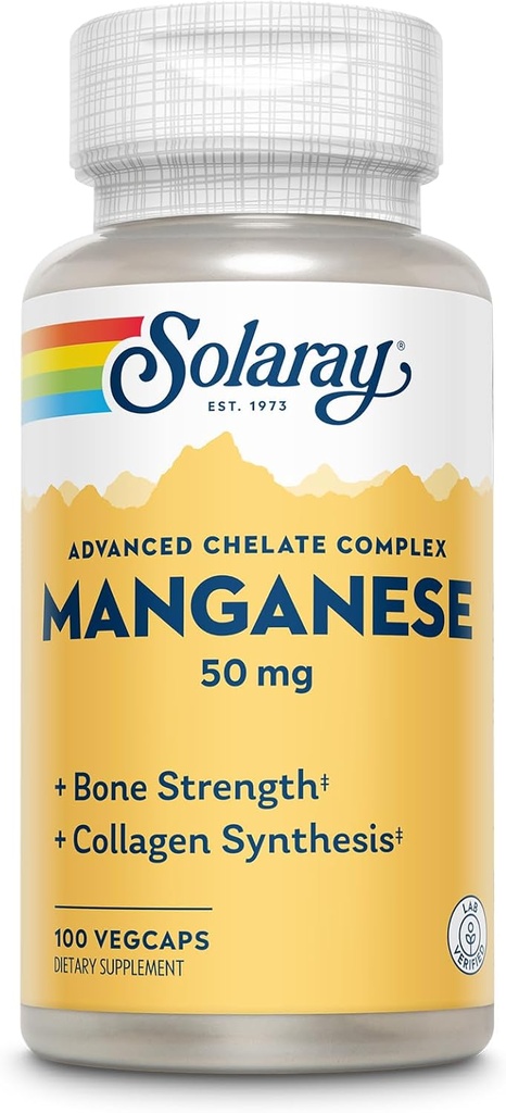 SOLARAY Manganese Supplement 50 mg - Essential Trace Minerals - Advanced Trace Mineral Supplements for Bone Strength and Bone Health Support - Lab Verified, 60-Day Guarantee, 100 Servings, 100 VegCaps