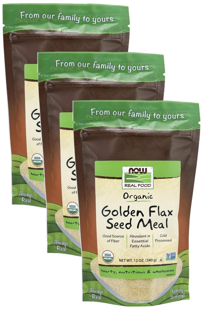 Now Foods, Organic Golden Flax Seed Meal, Kilde til essentielle fedtsyrer og fibre, Cold- Processed, Certified Non-GMO, 12-Ounce (Packaging May Vary) (pakke af 3)
