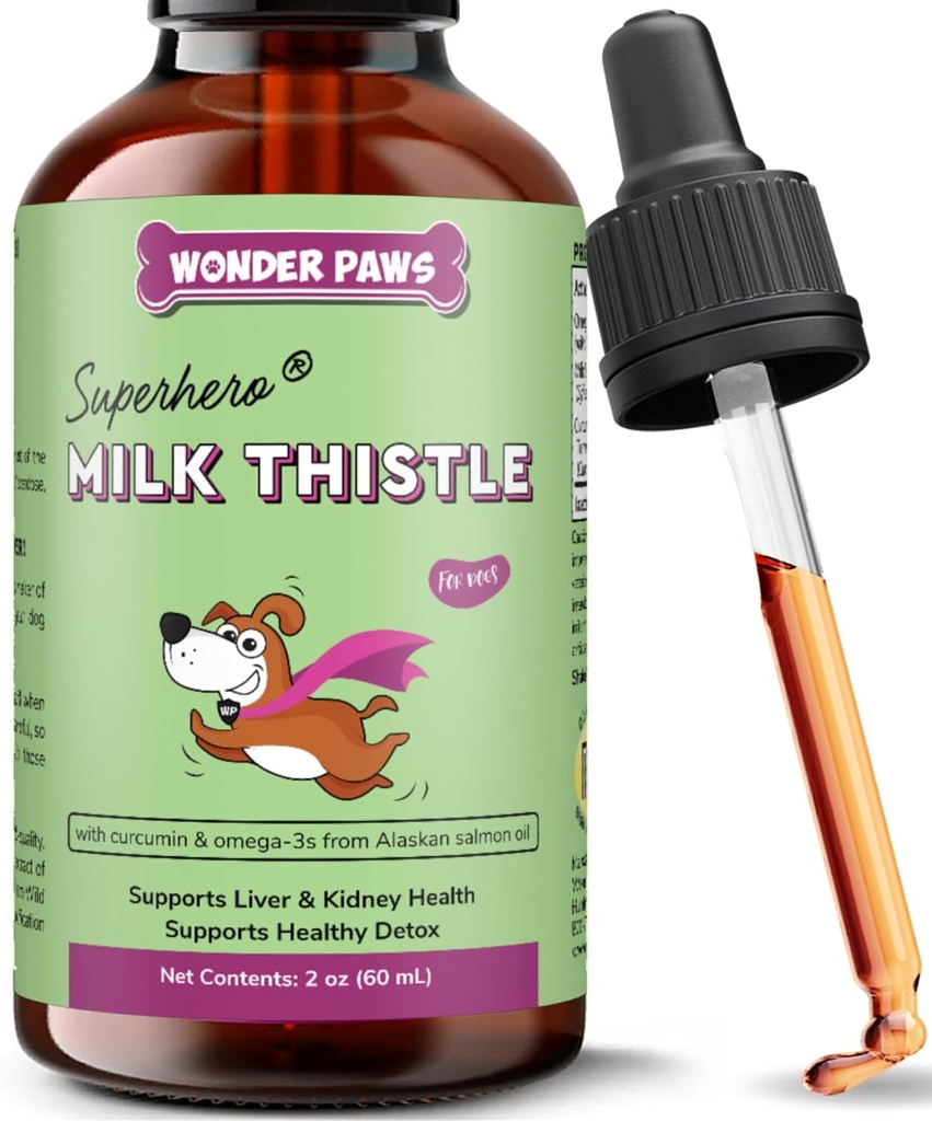Wonder Paws Milk Thistle, Leverstøtte til hunde, Understøtter Nyrefunktion for Kæledyr, Detox, Leverstøtte, med Wild Alaska Salmon Oil & Curcumin, Omega 3 EPA & DHA (2 Oz)