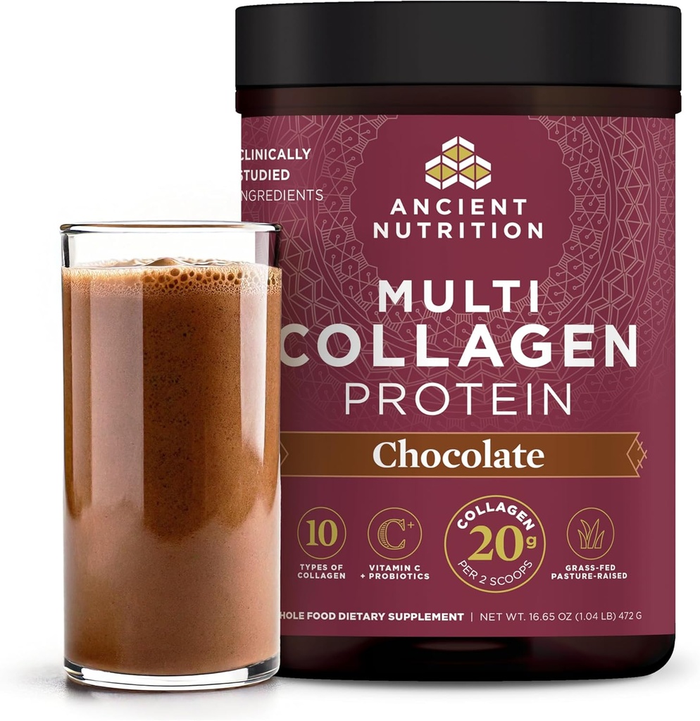 Ancient Nutrition Hydrolyzed Collagen Peptider Pulver med Probiotika, Chokolade Multi Collagen Protein for kvinder og mænd med C-vitamin, 40 Servere, Understøtter hud og negle, Gut sundhed, 16.65oz