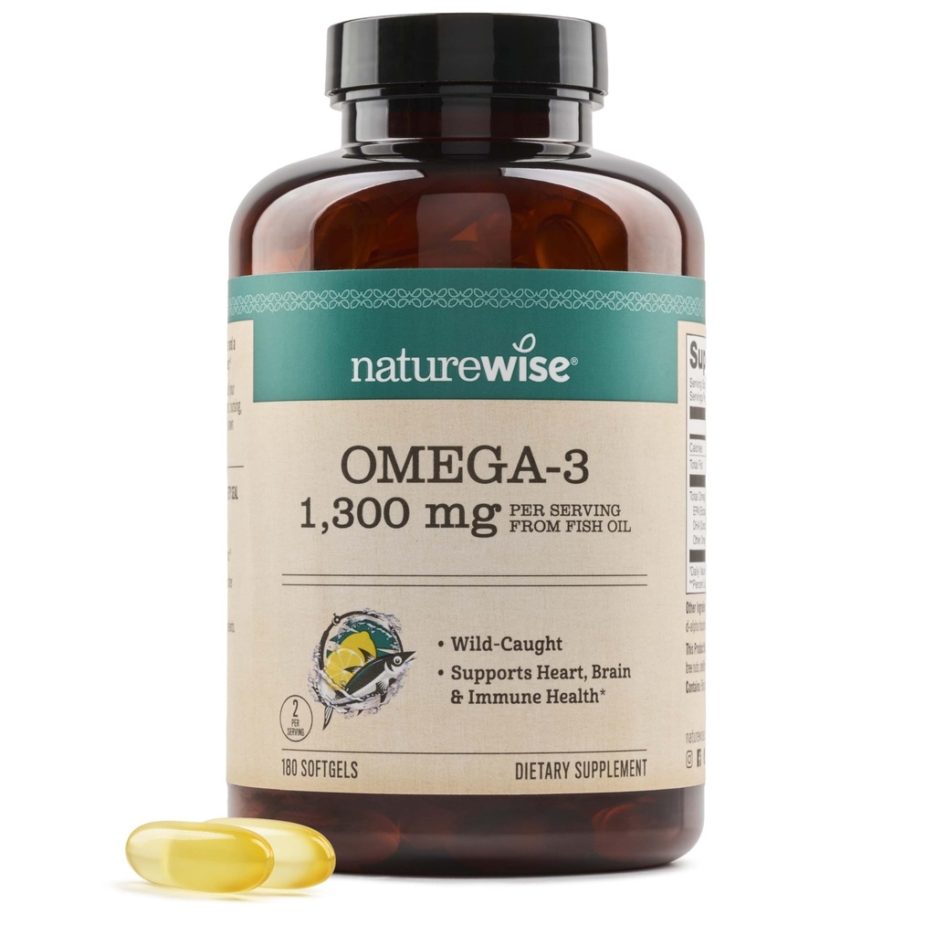 NatureWise Ultra Omega 3 Fish Oil 2200 mg - Triglycerid Form - Lemon Flavor - Wild- Caught Fish Oil + EPA & DHA - Understøtter hjerne & hjerte sundhed - Burpless, non-GMO - 180 Softgels [3-måned Supply]