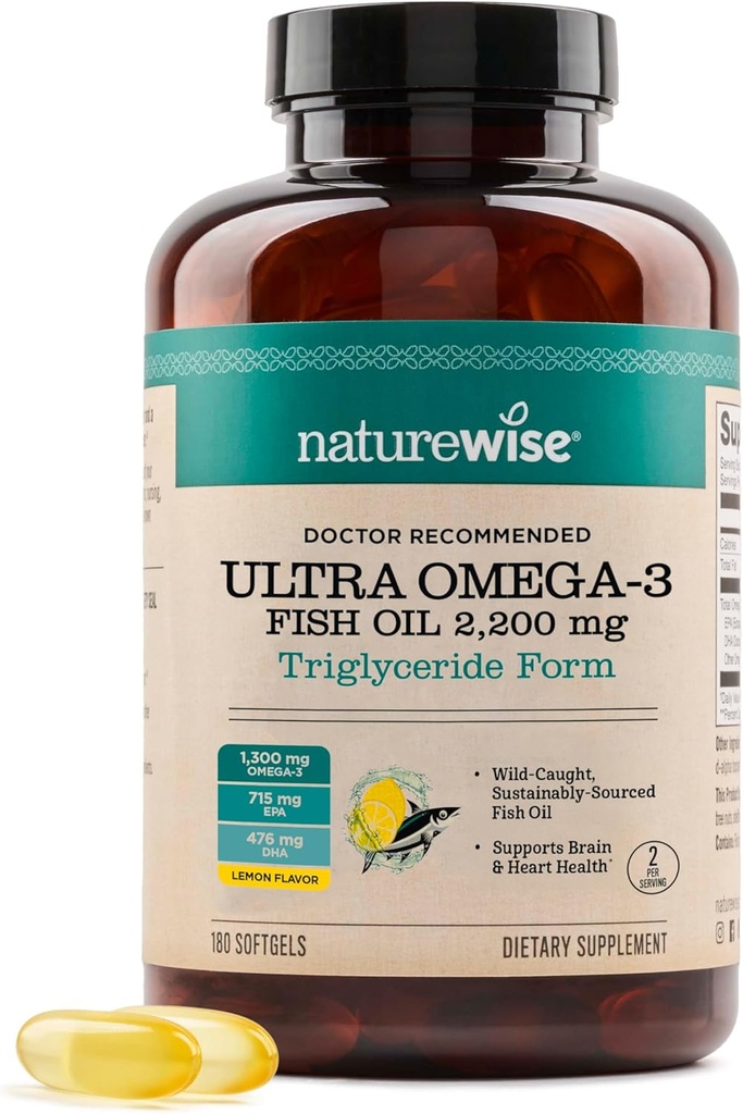 NatureWise Ultra Omega 3 Fish Oil 2200 mg - Triglycerid Form - Lemon Flavor - Wild- Caught Fish Oil + EPA & DHA - Understøtter hjerne & hjerte sundhed - Burpless, non-GMO - 180 Softgels [3-måned Supply]