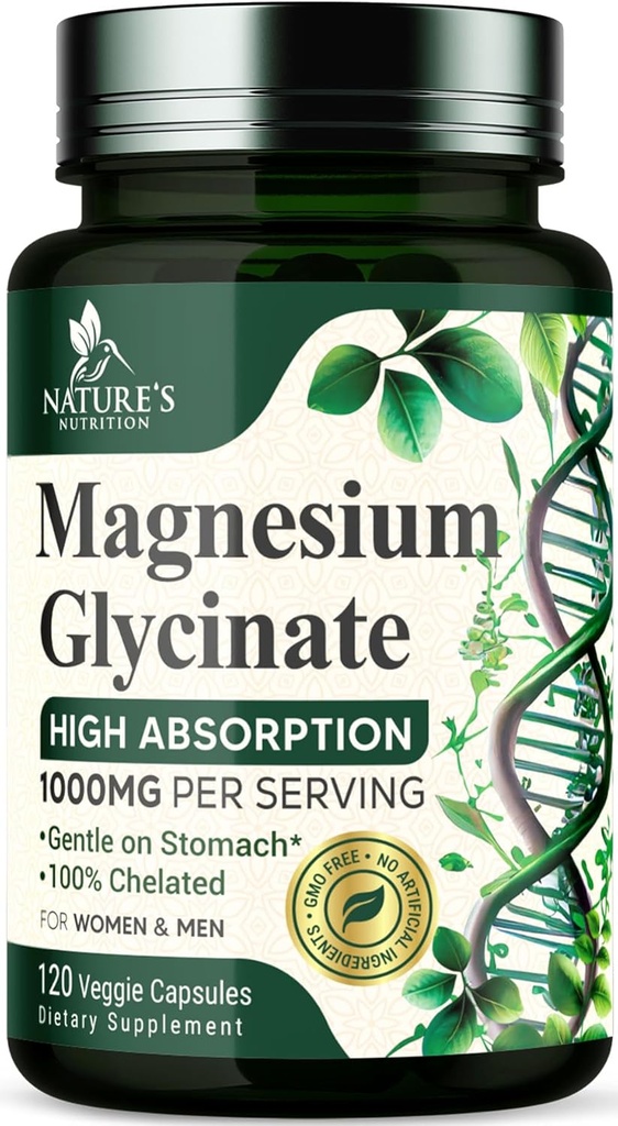 Magnesium Glycinat 1000mg - Chelated for Ultra Absorption, Magnesium for ben, Muskel, Nerver & Heart Health Support, Natures Sleep Support, Bedste Mag supplement piller til hele kroppen - 120 kapsler