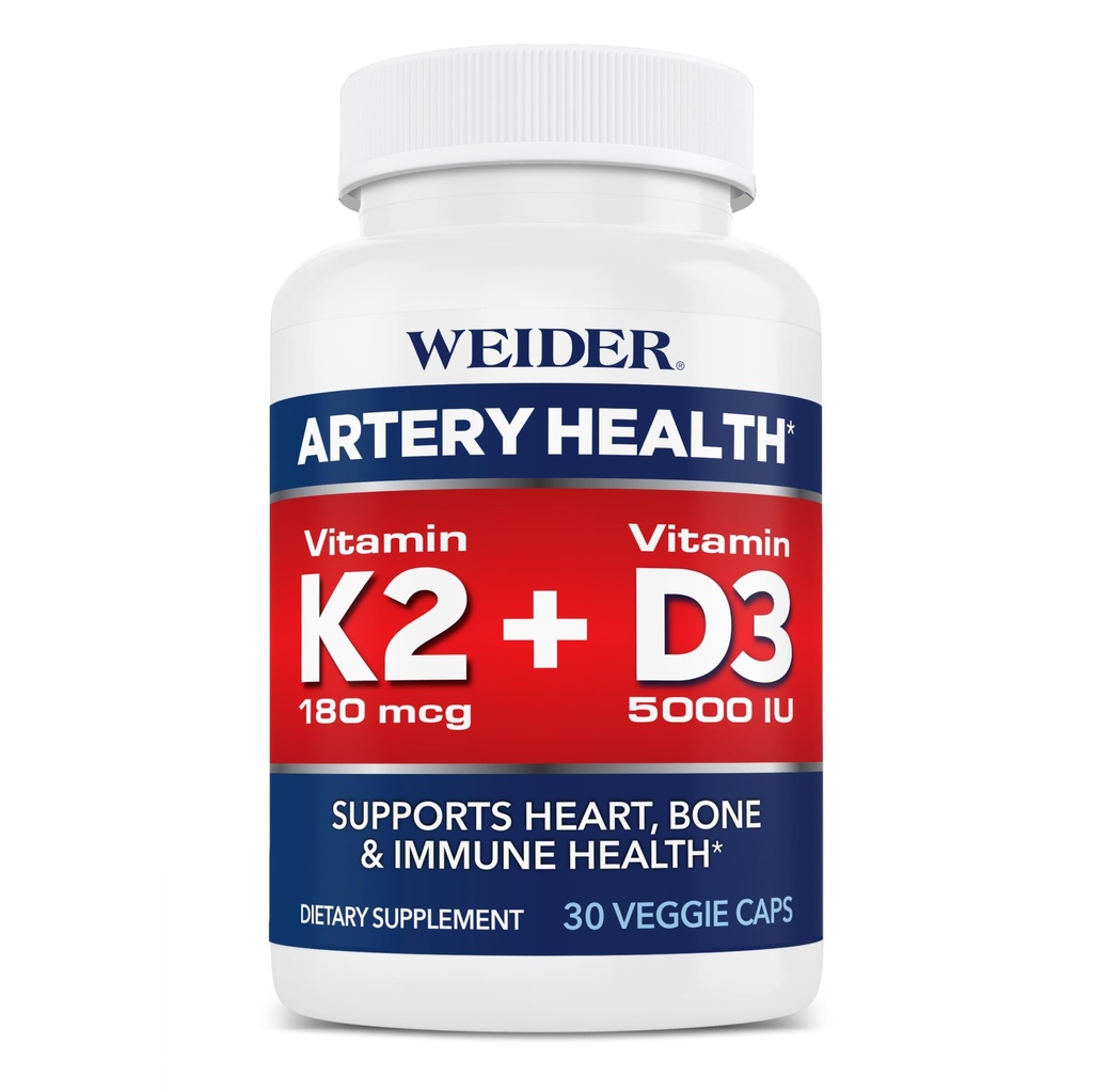 Weider Artery Sundhed for hjerte, immunforsvar og ben Support med vitamin K2 (180mcg) & Vitamin D3 (5000iu), 30 Veggie kapsler