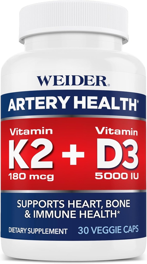 Weider Artery Sundhed for hjerte, immunforsvar og ben Support med vitamin K2 (180mcg) & Vitamin D3 (5000iu), 30 Veggie kapsler