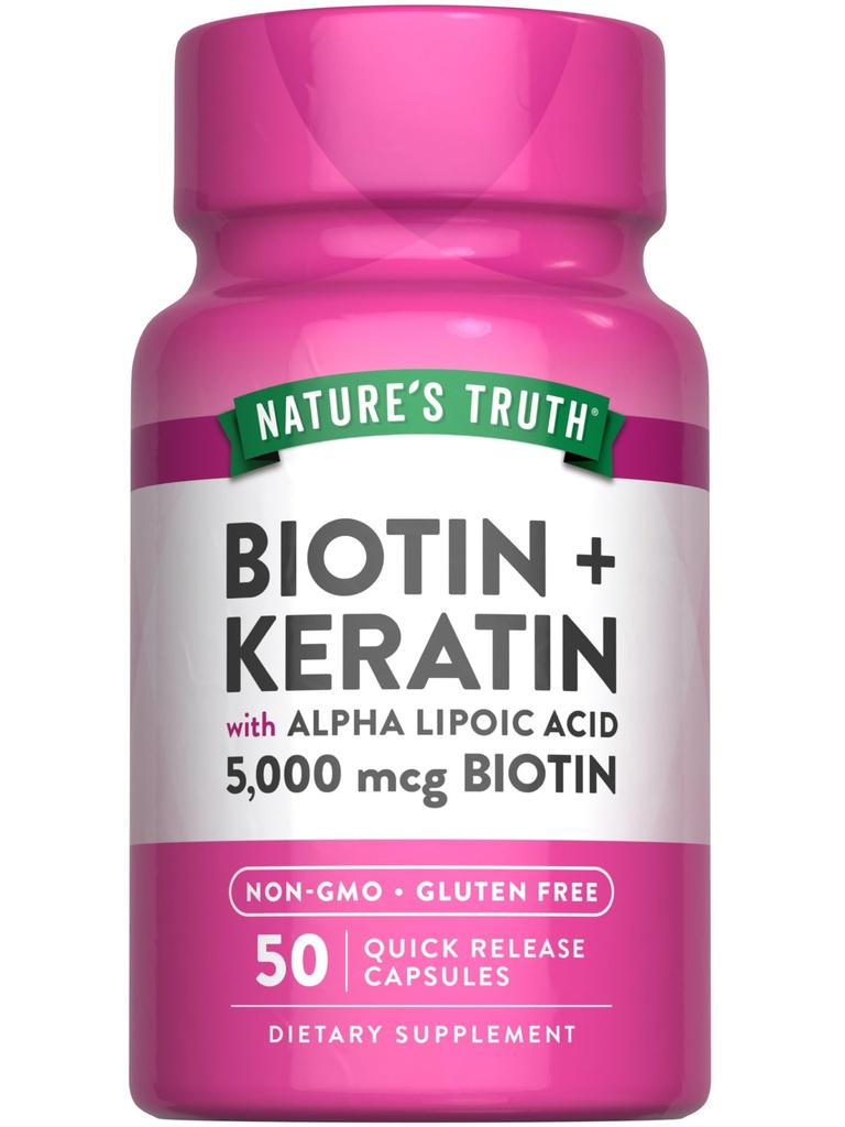 Nature 's Truth Biotin 5000 mcg against 124; 50 Capsules against 124; med Keratin og Alpha Lipoic Acid