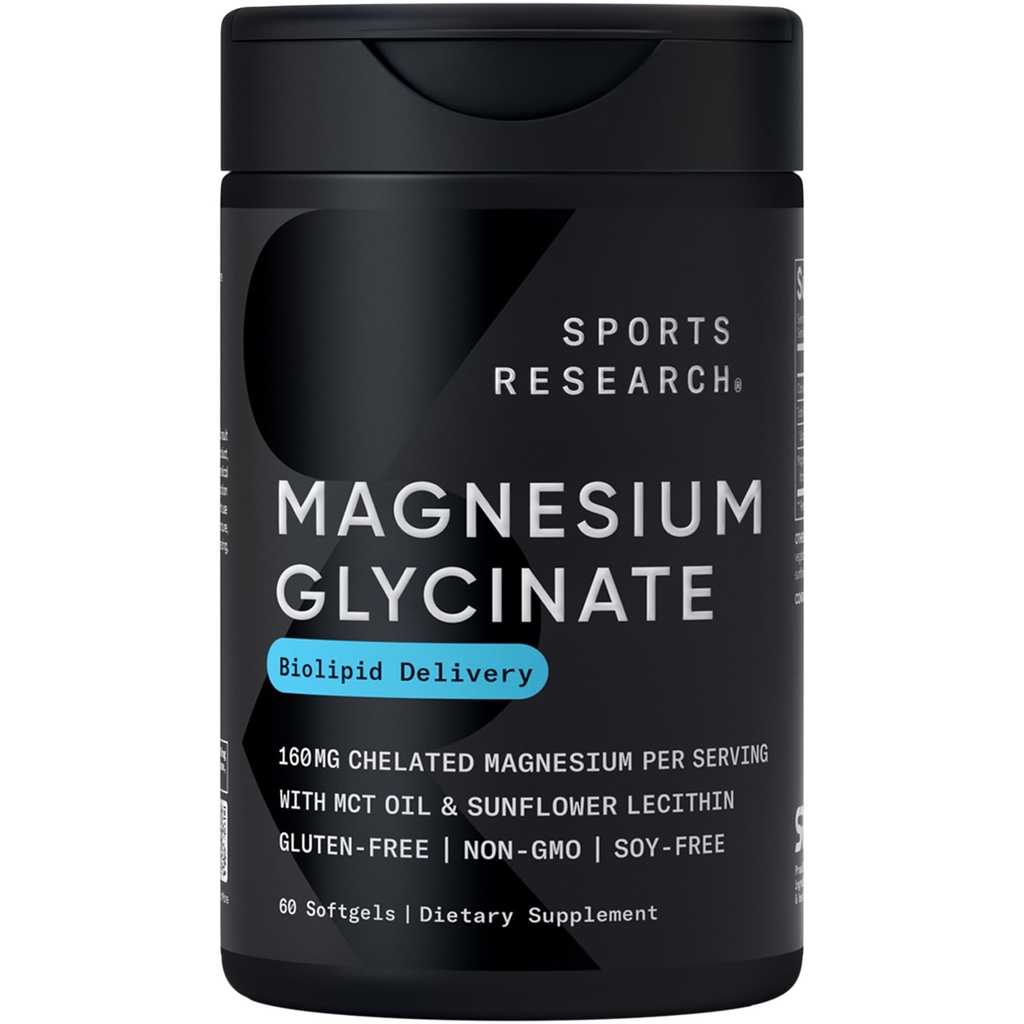 Sports Research ® Magnesium Glycinat - understøtter restaurativ søvn & enzymatiske processer - 160 mg chelateret Magnesium - flydende softgel - 60 greve