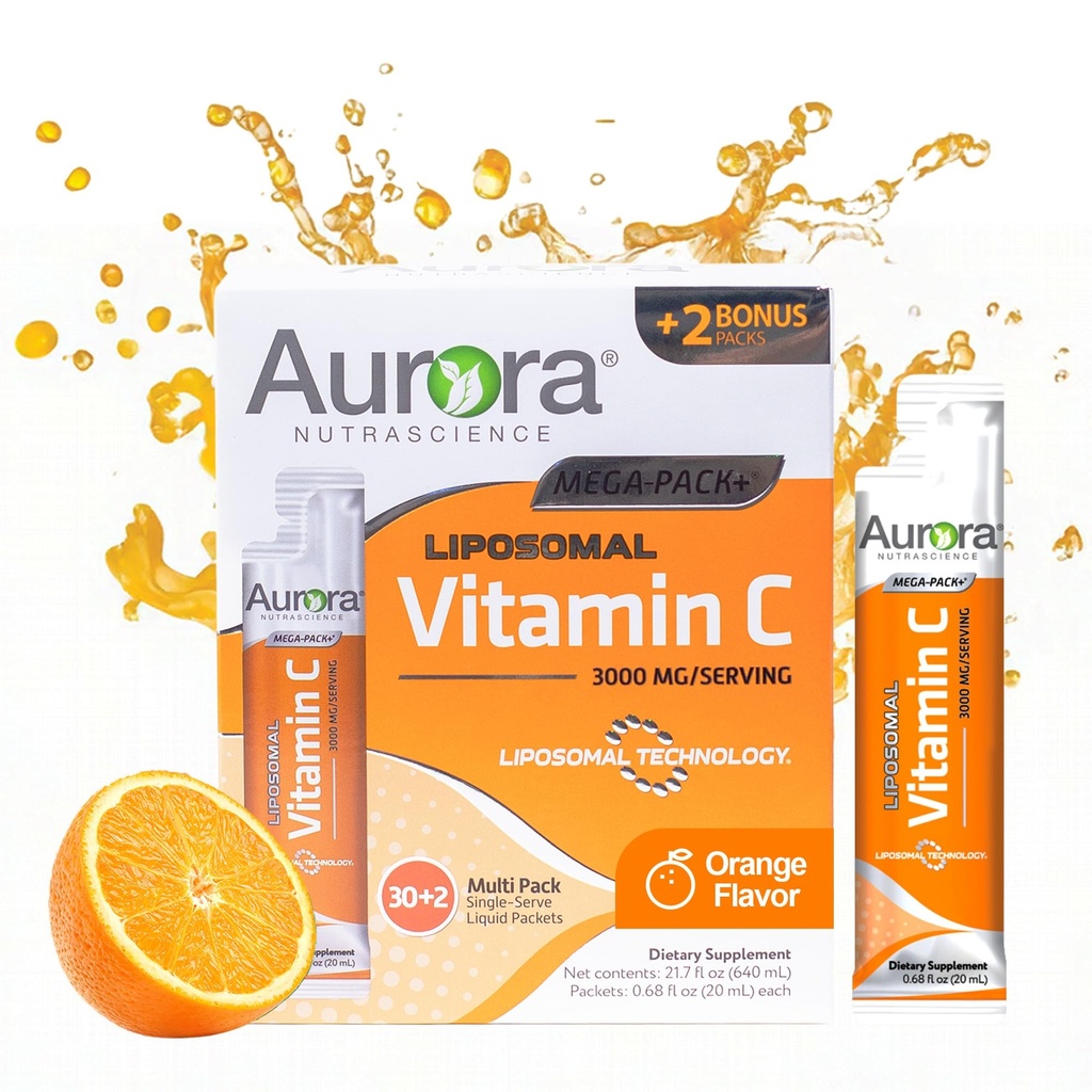Vida Lifescience Aurora Nutrascience Mega- Pack Liposomal C-vitamin, immunstøtte, 3, 000 mg per servering, Vegan, Gluten Free, Non- GMO, 32 Single Serve Pakninger, Orange