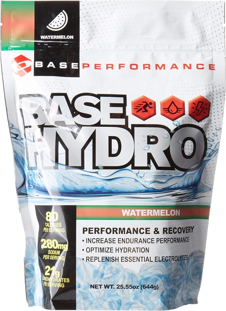 BASE Performance Hydro - Watermelon Beeg 124; 28 Serveringer inden for hver venlige Mylar Bag Beeg 124; Blend of Dextrose, Fructose, maltodextrin og essentielle elektrolyter. (Watermelon)