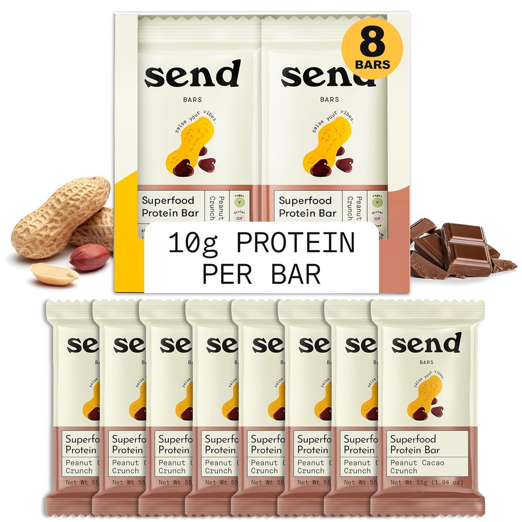 Send Bars Plant- baserede Vegan sunde proteinbarer, Med grønne (Peanut Cacao Crunch, 8 Bars) - Kun reelle ingredienser, Zero Tilføjet sukker, Gluten- Free, Dairy- Free