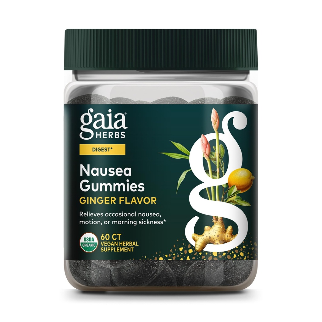 Gaia Urter Kvalme Økologisk Gummy - Relieves Lejlighedsvis Kvalme - med Ginger og Lemon - 60 Vegansk Gummies (30-dages Tilgang)
