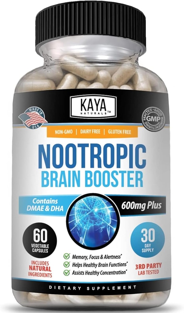 Kaya Naturals - Nootrop Brain Booster - for hukommelse og fokus - Brain Support Supplement - Fokus & Koncentration & Læring Nøjagtighed - Kognitiv funktion - 60 Greve