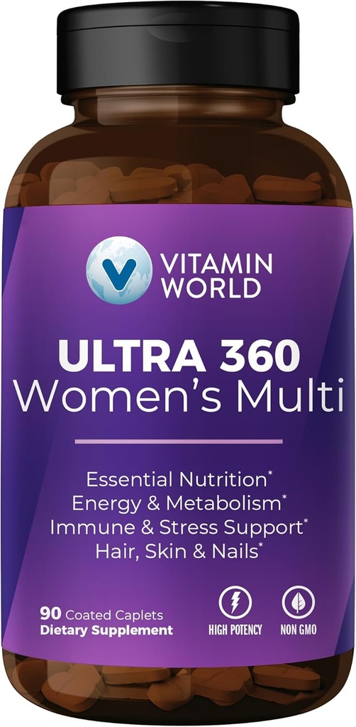 Vitamin World Ultra 360 Multivitamin til kvinder, kvinders Multivitamin med urter & kollagen til hår, hud & negle, tillæg med jern, vitamin A, B, C, D, E for energi & immunforsvar, 90 kapsler