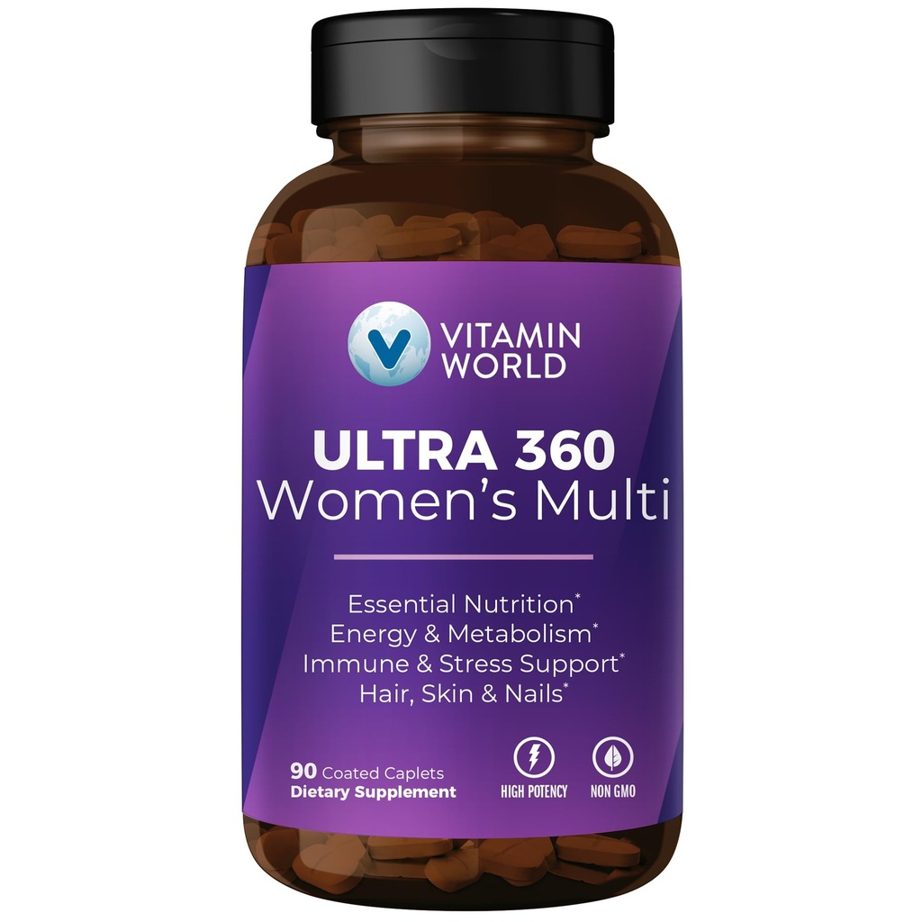 Vitamin World Ultra 360 Multivitamin til kvinder, kvinders Multivitamin med urter & kollagen til hår, hud & negle, tillæg med jern, vitamin A, B, C, D, E for energi & immunforsvar, 90 kapsler