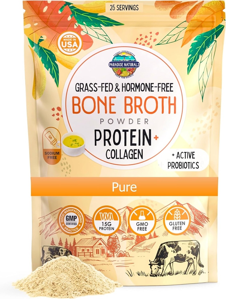 Paradise Naturals 100% Grass- Fed Organic Beef Bone Broth Powder, Active Probiotika, Collagen Peptid Rich 15g Protein, Non- GMO, Lavnatrium, Sund Huden Hår Joints, Gut Health, Paleo Keto, No Gluten
