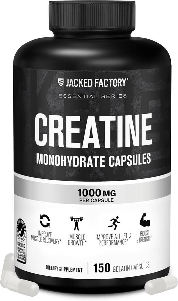Jacked Factory Creatinine monohydrat kapsler - Creatinine piller for muskelvækst, øget styrke, forbedret energi output og forbedret atletisk ydeevne - 150 kapsler
