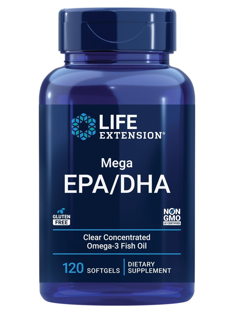 Life Extension Mega EPA / DHA, Omega-3 fedtsyrer, Heart & Brain Health, Non- GMO, Gluten- Free, 120 softgel