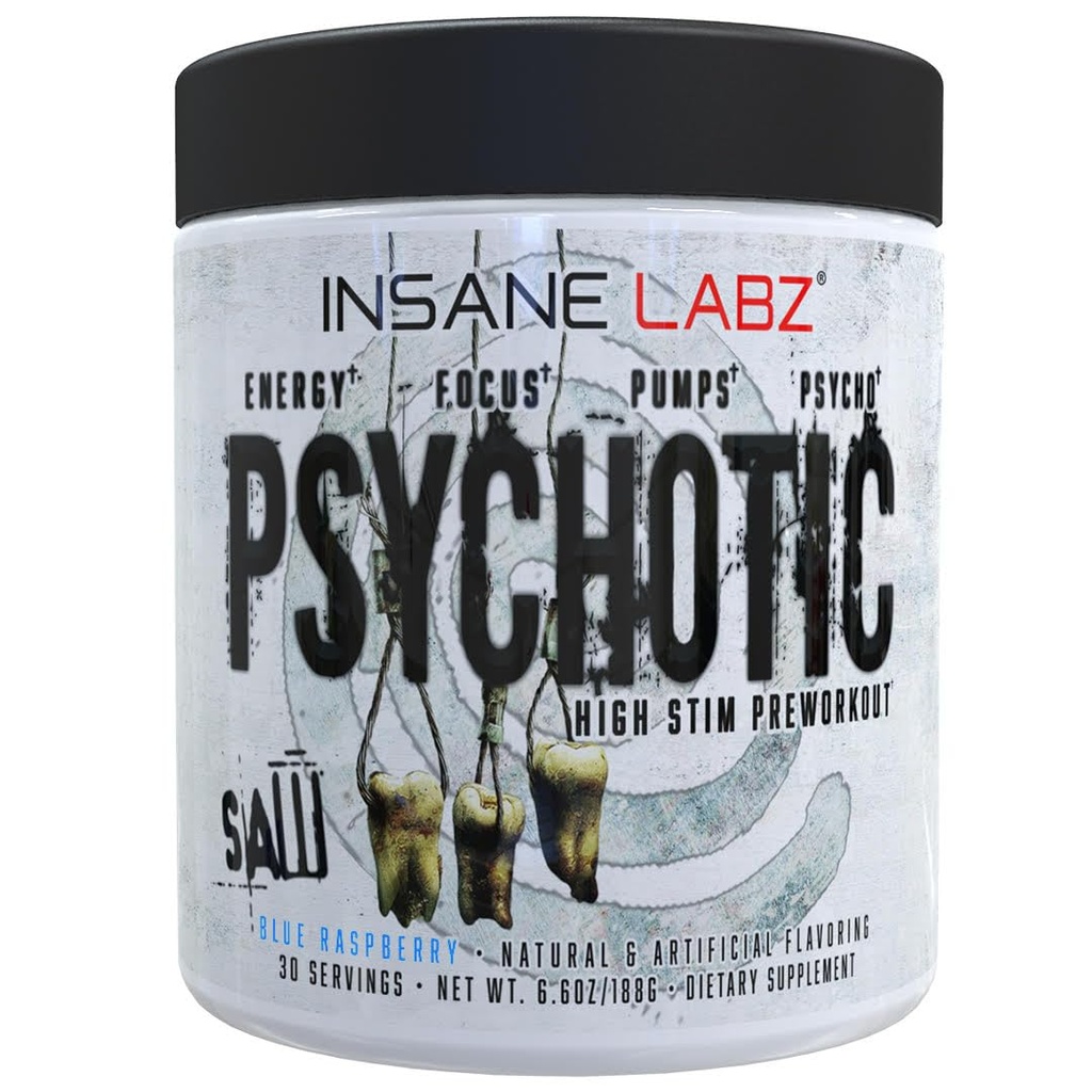 Insane Labz Psykotisk SAW, High Stim Pre Workout Pulver med OxyGold Buddy ™ og AMPiberry ®, Extreme Lasting Energy med Teacrine ®, Fokus med CognitIQ ® og Endurance (30 Servering (Pack of 1), Blue Raspberry)
