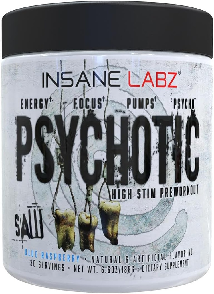 Insane Labz Psykotisk SAW, High Stim Pre Workout Pulver med OxyGold Buddy ™ og AMPiberry ®, Extreme Lasting Energy med Teacrine ®, Fokus med CognitIQ ® og Endurance (30 Servering (Pack of 1), Blue Raspberry)