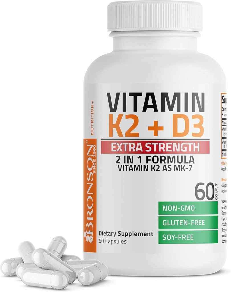 Bronson vitamin K2 (MK7) med D3 Extra Strength Supplement Bone Health Non-GMO Formel 10.000 IE & 120 mcg MK- 7 Let at synke D K, 60 Kapsler