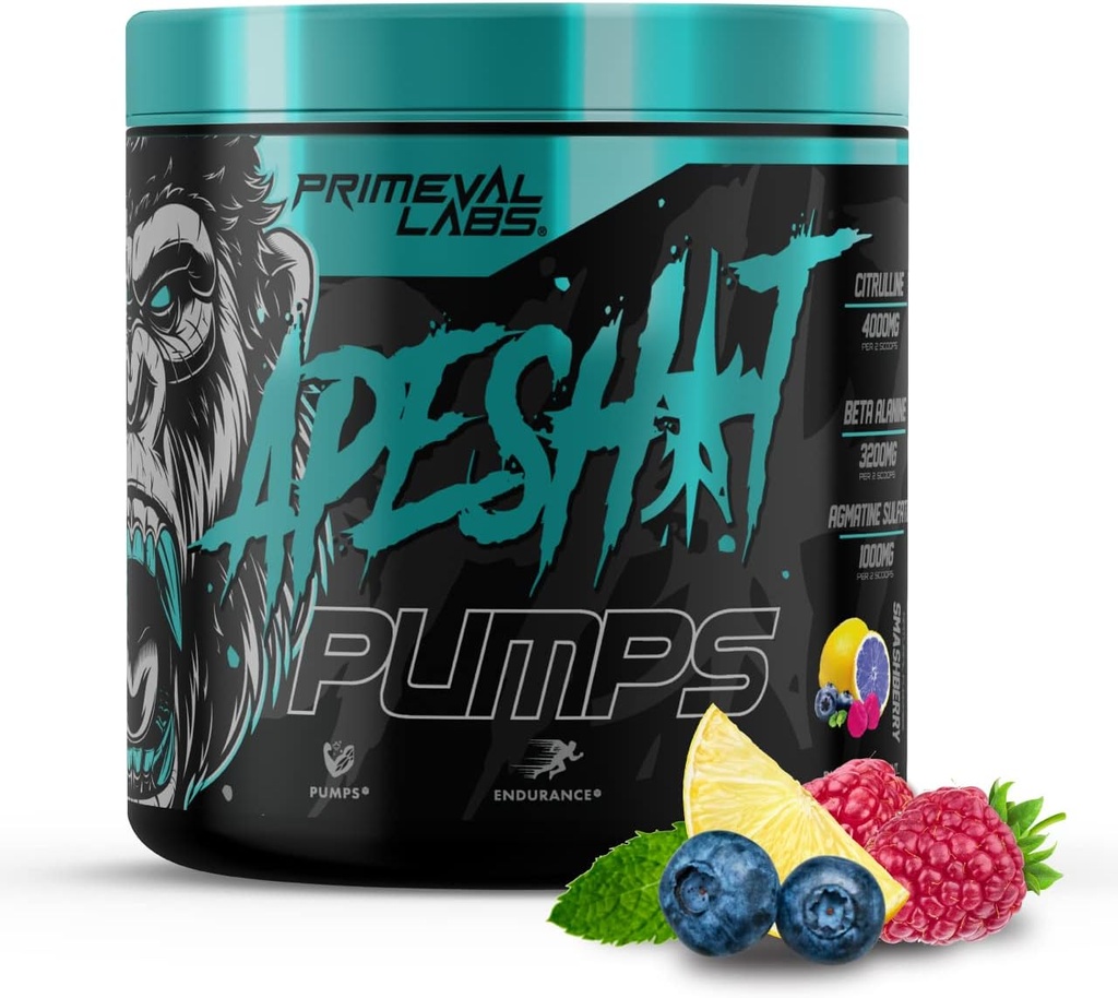 Primeval Labs Ape Pumper PreWorkout Pulver til mænd og kvinder 40 Servering, Smashberry Medical 124; Koffein Free Medical 124; Koffein Oxide Pump Pre Workout Energy Drink, Intensive Pumper, Styrke, Beta alanin, L Citrullin