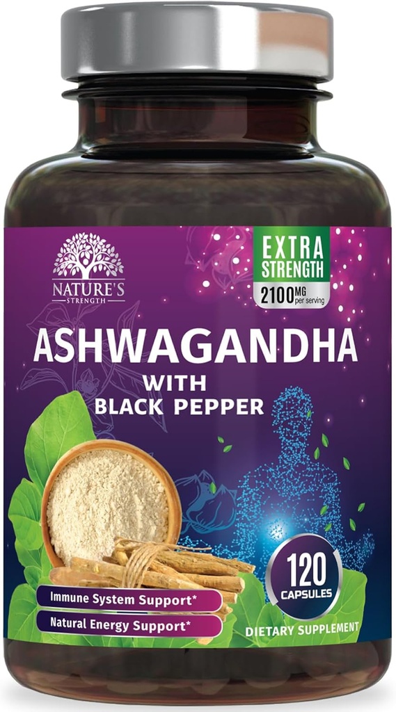 Ashwagandha Kosttilskud 2100mg - Extra Strength Ashwagandha Powder & Root Extract med sort peber til Max Absorption, Herbal Antioxidant Kosttilskud til kvinder & mænd, Vegan, Non- GMO - 120 Kapsler