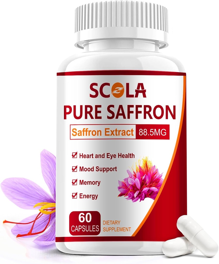 SCOLA Saffron Kosttilskud, Pure 88.5mg Saffron ekstrakt for kvinder & mænd, Boost Energy, Fælles Kosttilskud, Vegan, Non- GMO, 60 kapsler