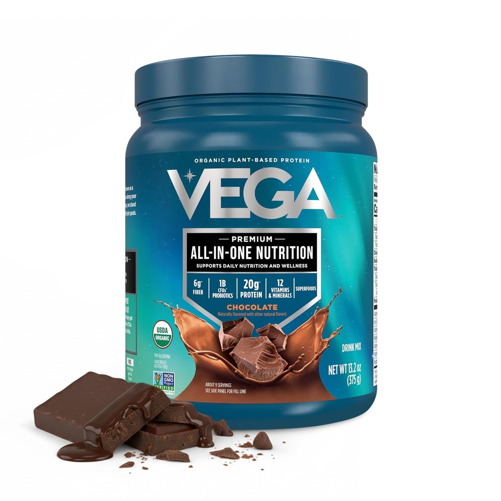 Vega Organic All- in- One Vegan Protein Powder, Chocolate - Superfood Ingredients, Vitaminer for Immunitet Support, Keto Friendly, Pea Protein for Women & Men, 13.2 oz (Packaging May Vary)