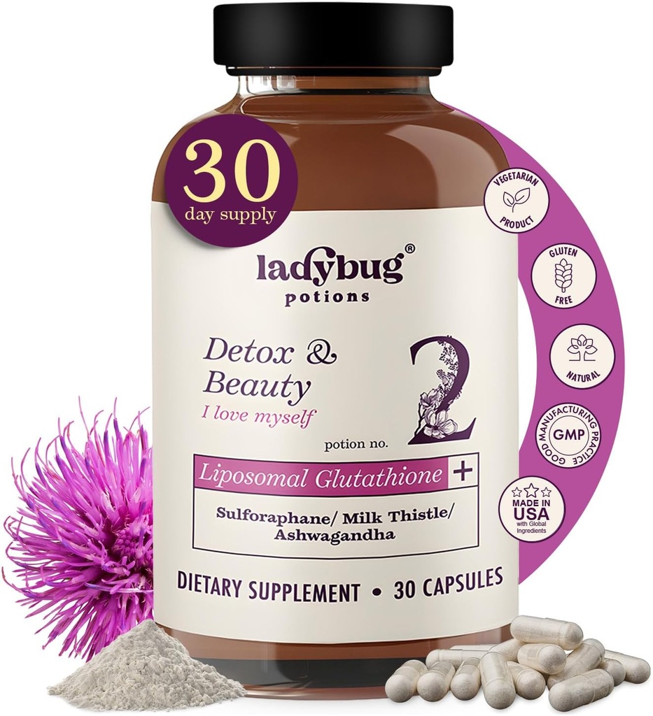 Liposomal Glutathione Supplement - 30 Capsules Glutathione Liposomal Supplement, with Organic Ashwagandha, Sulforaphane from Broccoli Seed, Myrosinase, Milk Thistle for Immune Support and Liver Health