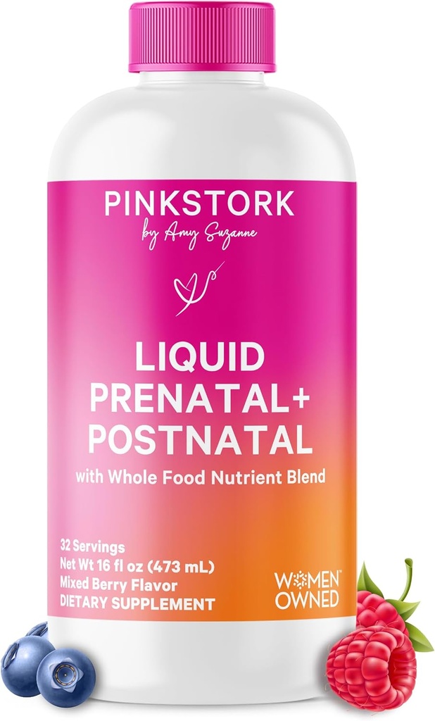 Pink Stork Flydende Prenatal Vitaminer for kvinder - Berry Flavor - Økologisk Food Blend - Fertilitet, Graviditet, Postpartum Essentials - Morning Sygdom Support - Amning & Amning - 32 Tjenester