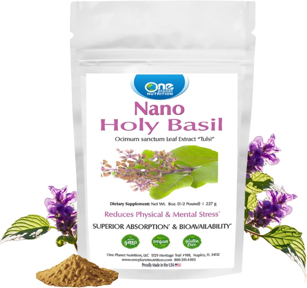 One Planet Nutrition Nano Holy Basil Powder 8 oz (227 Servings), Tulsi, Nano for Enhanced Absorption, Supports Stress Relief & Immune Support, Non-GMO, Vegan, Gluten Free