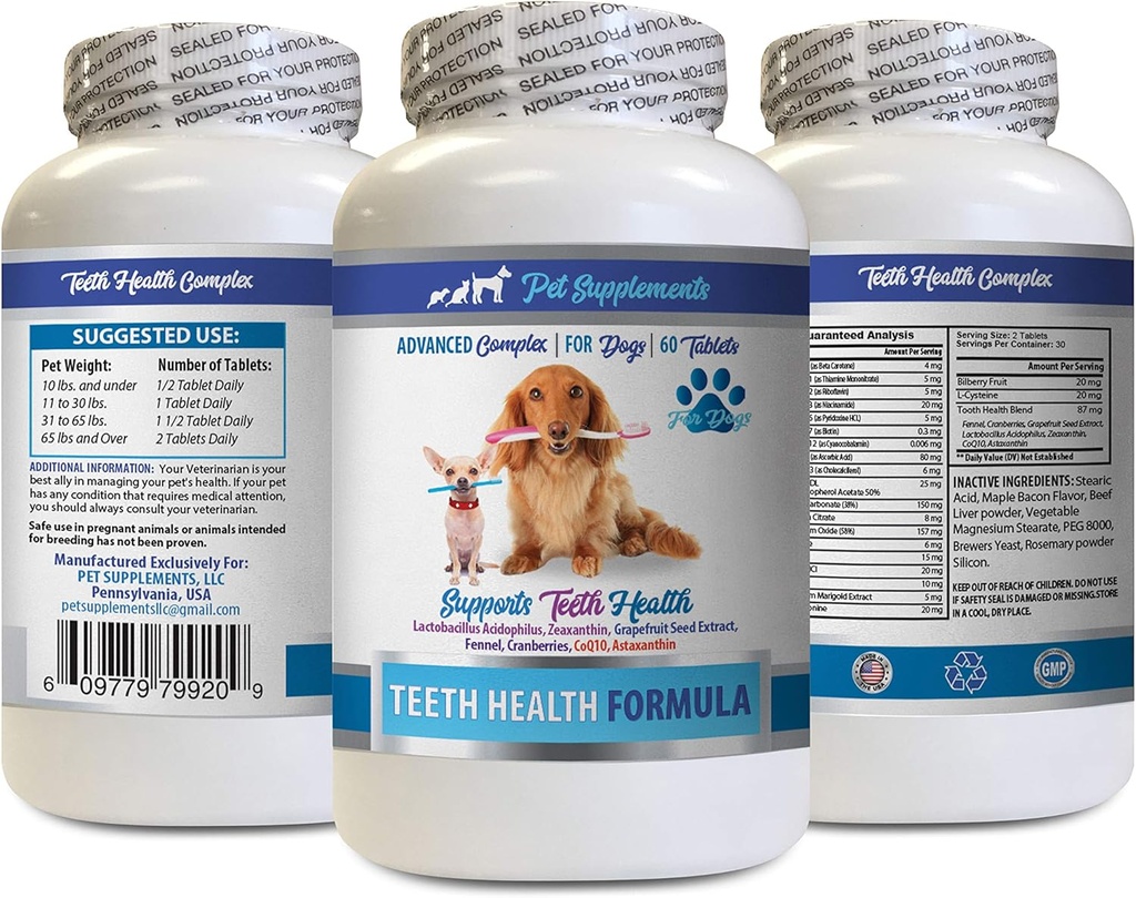 Oral Care for Dogs Bad Breath - Dog Teeth Health Formula - Advanced Support Complex - Overall Health - Dog Vitamin e - 1 Bottle (60 Tablets)
