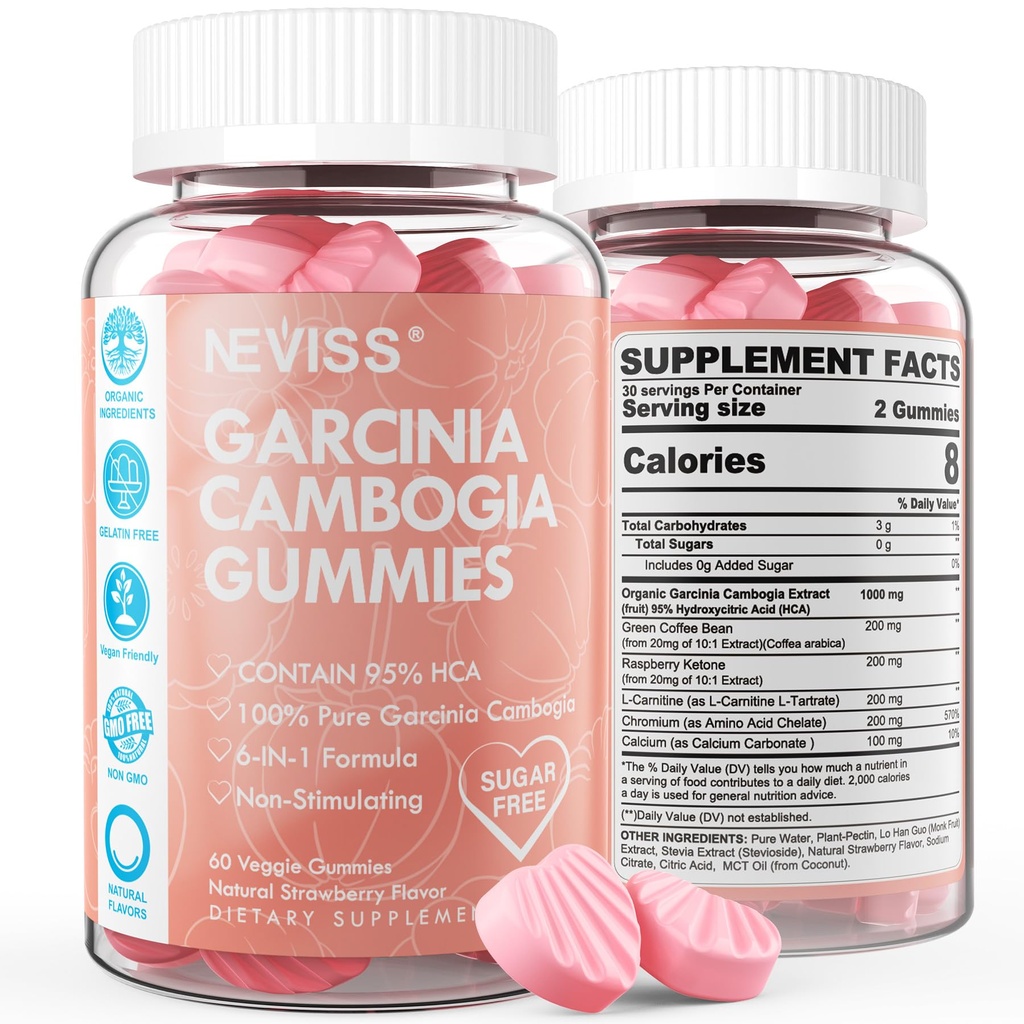 Sukkerfri Garcinia Cambogia Gummies 1000mg 95% HCA Pure Extract med L- Carnitin, Raspberry Keton, Chrom, Green Coffee Bean for Metabolisme, 100% Organic Extract, Vegan, Strawberry Flavor 60 Cts