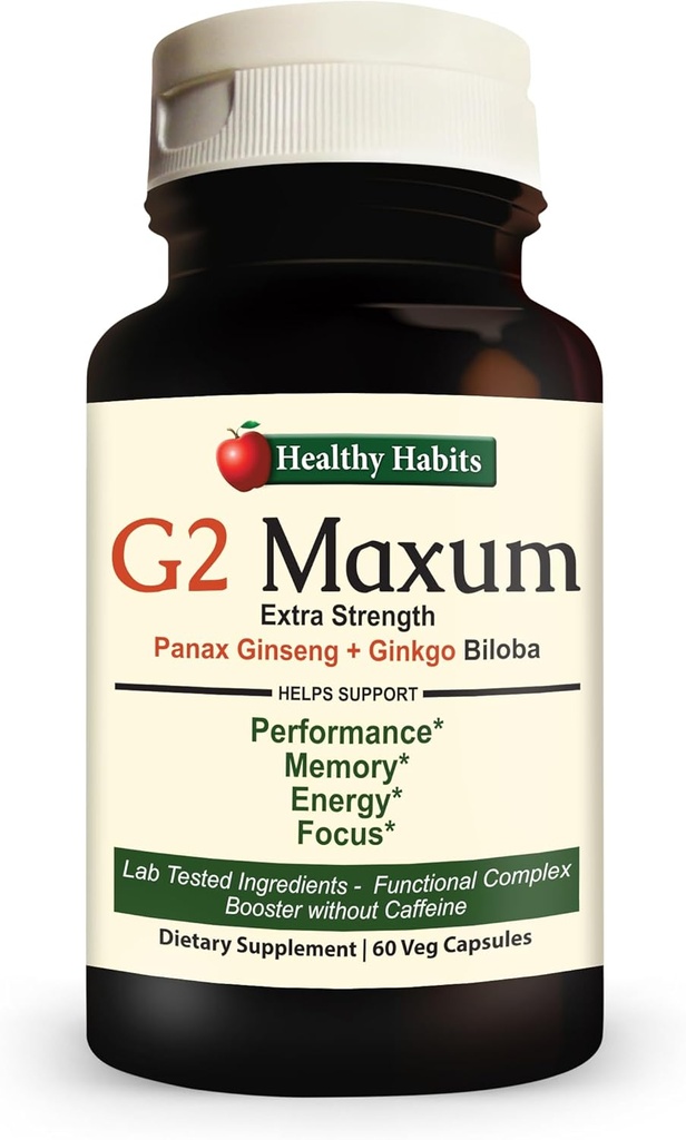 Sunde Vaner G2 Maxum Extra Strength Panax Ginseng Plus Ginkgo Biloba Blended to Support Energy and Cognitive Function 60 Veg Kapsler per flaske