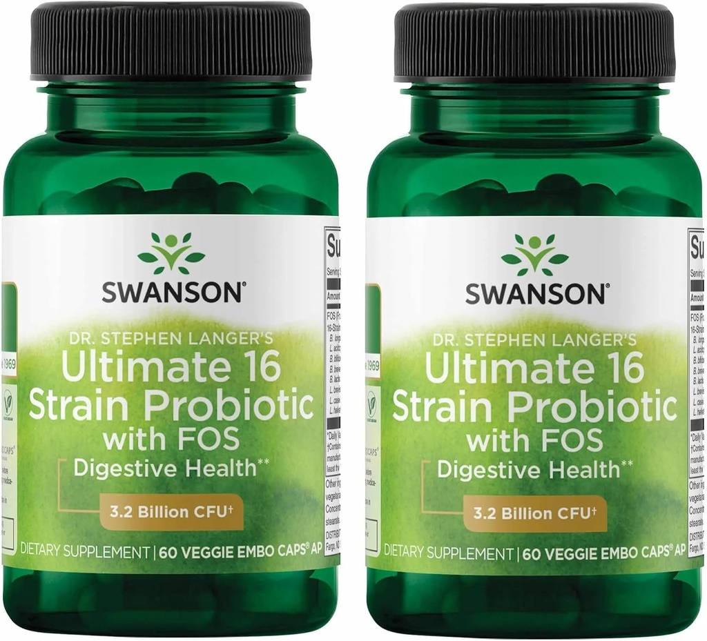 Swanson Dr. Stephen Langers Formel - Natural Probiotic w / Prebiotic FOS - 16 -Strain Supplement Fremme fordøjelsesstøtte w / 3.2 Billion CFU per kapsel - (60 Veggie kapsler) 2 Pack