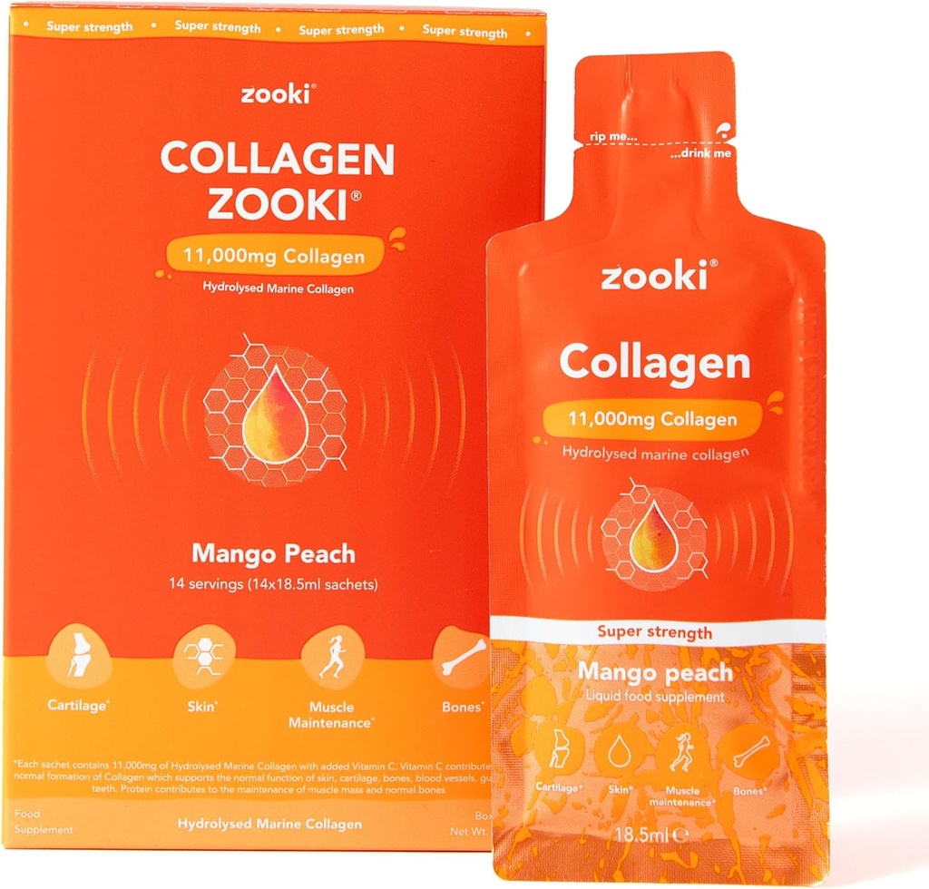 Zooki Super Strength Marine Collagen Liquid Sachets 11,000mg - Great Taste, Sukker Free - Højeste Styrke Marine Collagen Kosttilskud til kvinder & mænd - Hud, Joints & hår (Mango Peach, 14 Servere)