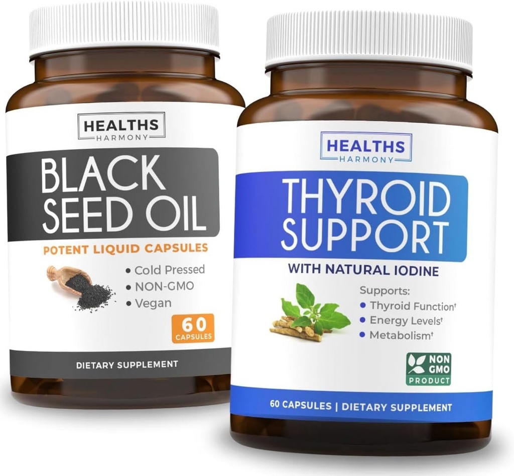 Thyroid Support & Black Seed Oil (1 måned Tilgang) Black Seed Thyroid Boost - Thyroid Support (60 kapsler) Sundhedstillæg & Black Seed Oil (60 kapsler) Cold- Pressed Nigella Sativa - Non- GMO