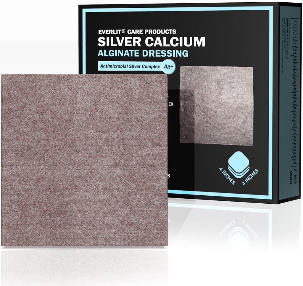 EVERLIT AG Silver Calcium Alginate Sårpåklædning af 124; Absorbent Non- Stick Steril Påklædning af Pad Bud124; Gentle Hemostatisk Gauze med naturlige geleringsfibre til Sårpleje (4 "x 4"; Pack of 10)