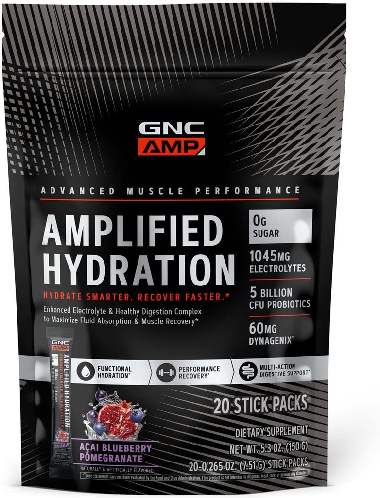 GNC AMP Amplified Hydration Electrolyte Powder Drink Mix 124; Enhanced Electrolyte & Sund fordøjelse Complex