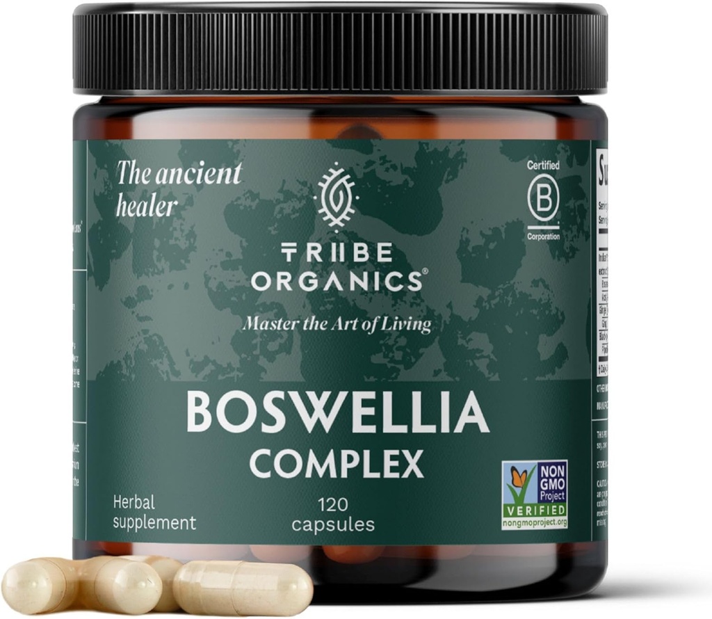 TRIBE ORGANICS Boswellia Serrata Complex supplement til fælles støtte, Muskel Relief - Vegetarisk non-GMO 120 Kapsler, høj potens - Boswellin Super med Ginger Extract & Black Pepper - 420mg