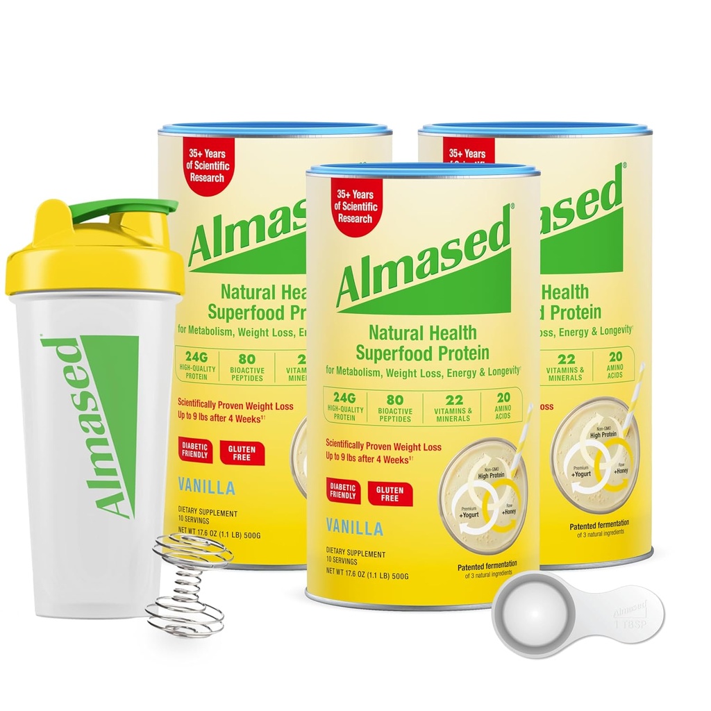 Almased Protein Powder, GLP-1 Nutrition Support, Meal Erstatning Shake for vægttab, højt protein, komplet ernæring (Vanilla Flavor, 3 Cans @ 17.6 oz ea + scoop + 700ml Shaker Flattle