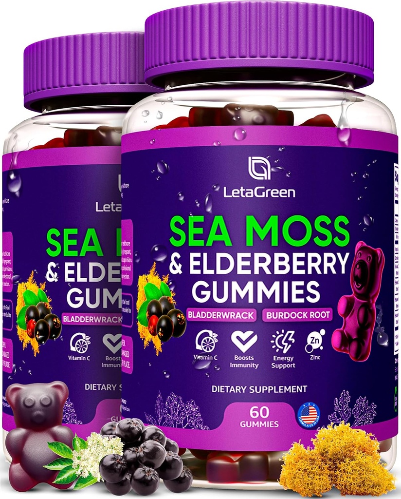 Irish Sea Moss Gummies - Sea Moss Bladderwrack Burdock Elderberry - 60 Vegan Seamoss Bears - Elderberry Gummies til børn og voksne med C-vitamin og zink (pakke med 2)