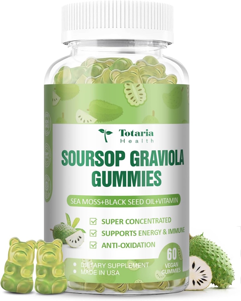 Totaria Sugar Free Soursop Oil Graviola Sea Moss Gummies - Støtte fordøjelig søvn hud sundhed, immunitet & antioxidant - Guanabana Frugt med Sea Moss, 150mg Black Seed Oil Organic non-GMO Vegan