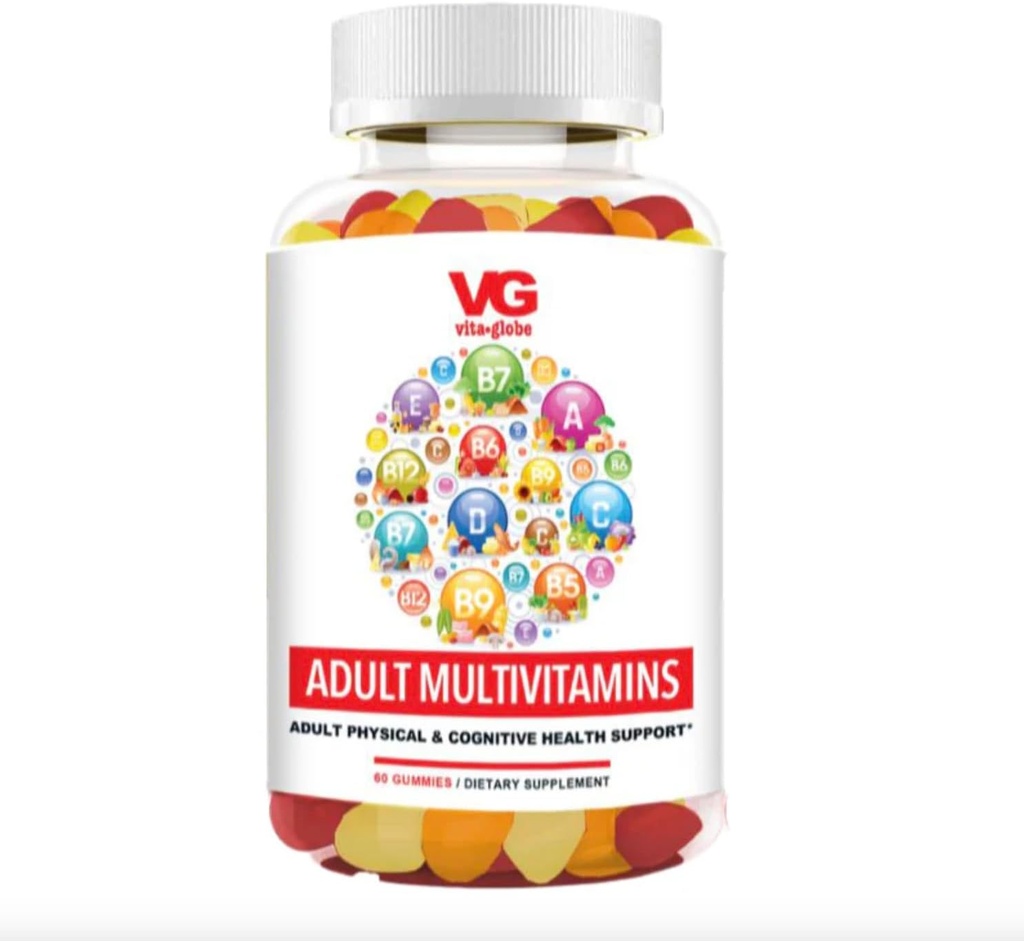 VITA GLOBE Voksen Multivitamin Gummies - med Vitamin C, D, E, B6, B12, Folate & Biotine GLOBE 124; Dagligt multivitamin supplement for energi, immunforsvar & Metabolisme Support - 60 Gummies (pakke med 1)