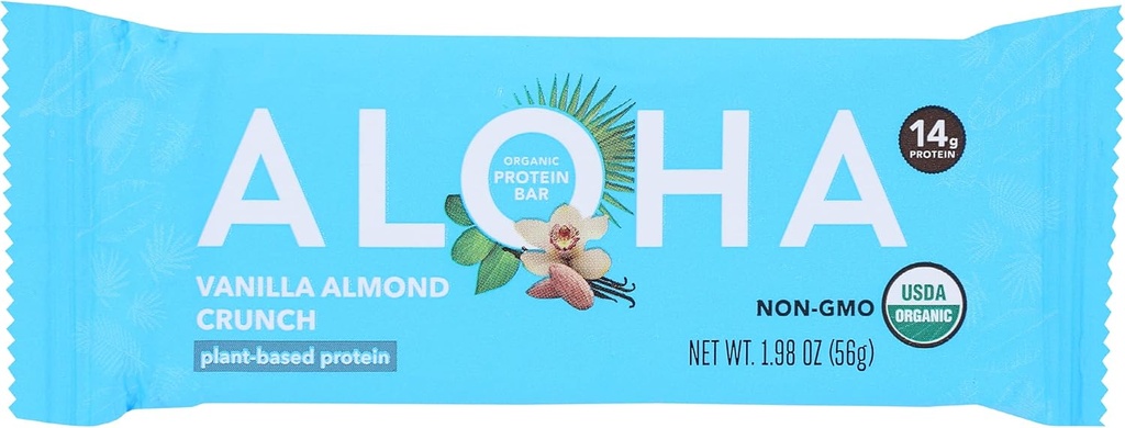 Aloha Organic Vanilla Mandel Crunch Protein Bars, 14g Plantbaseret Protein, USDA Certificeret Organic, Gluten Free & Non- GMO, 1.9 Oz (Pack of 12)
