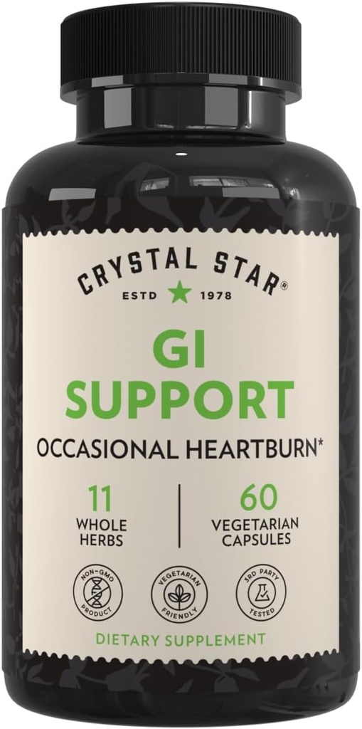 Crystal Star GI Support Supplement (60 kapsler) - Urte Gut Health Supplement Det lindrer Lejlighedsvis Heartburn og understøtter syre Reflux - Ingefær, Slippery Elm Bark & Betaine HCL - ikke-GMO