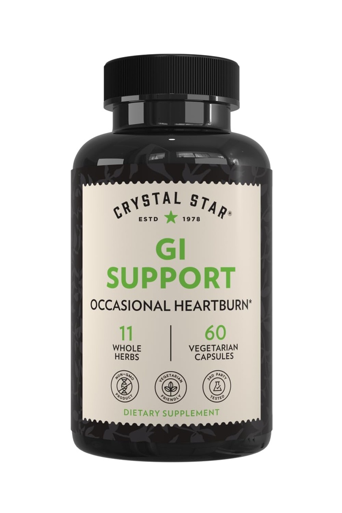 Crystal Star GI Support Supplement (60 kapsler) - Urte Gut Health Supplement Det lindrer Lejlighedsvis Heartburn og understøtter syre Reflux - Ingefær, Slippery Elm Bark & Betaine HCL - ikke-GMO